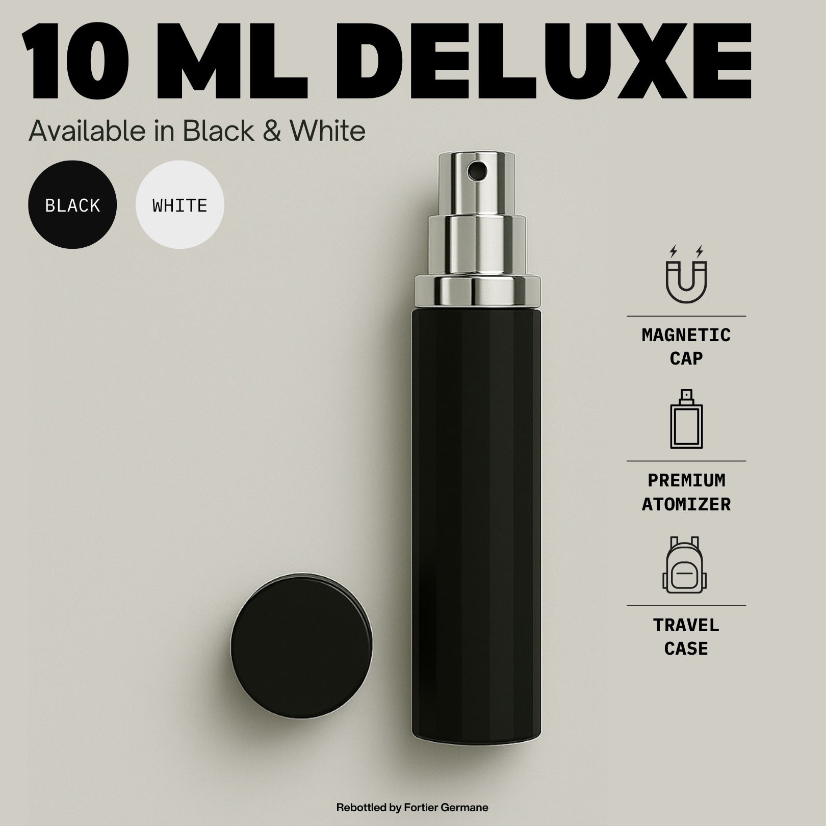 10ml Deluxe Travel Size spray with magnetic cap available in black or white