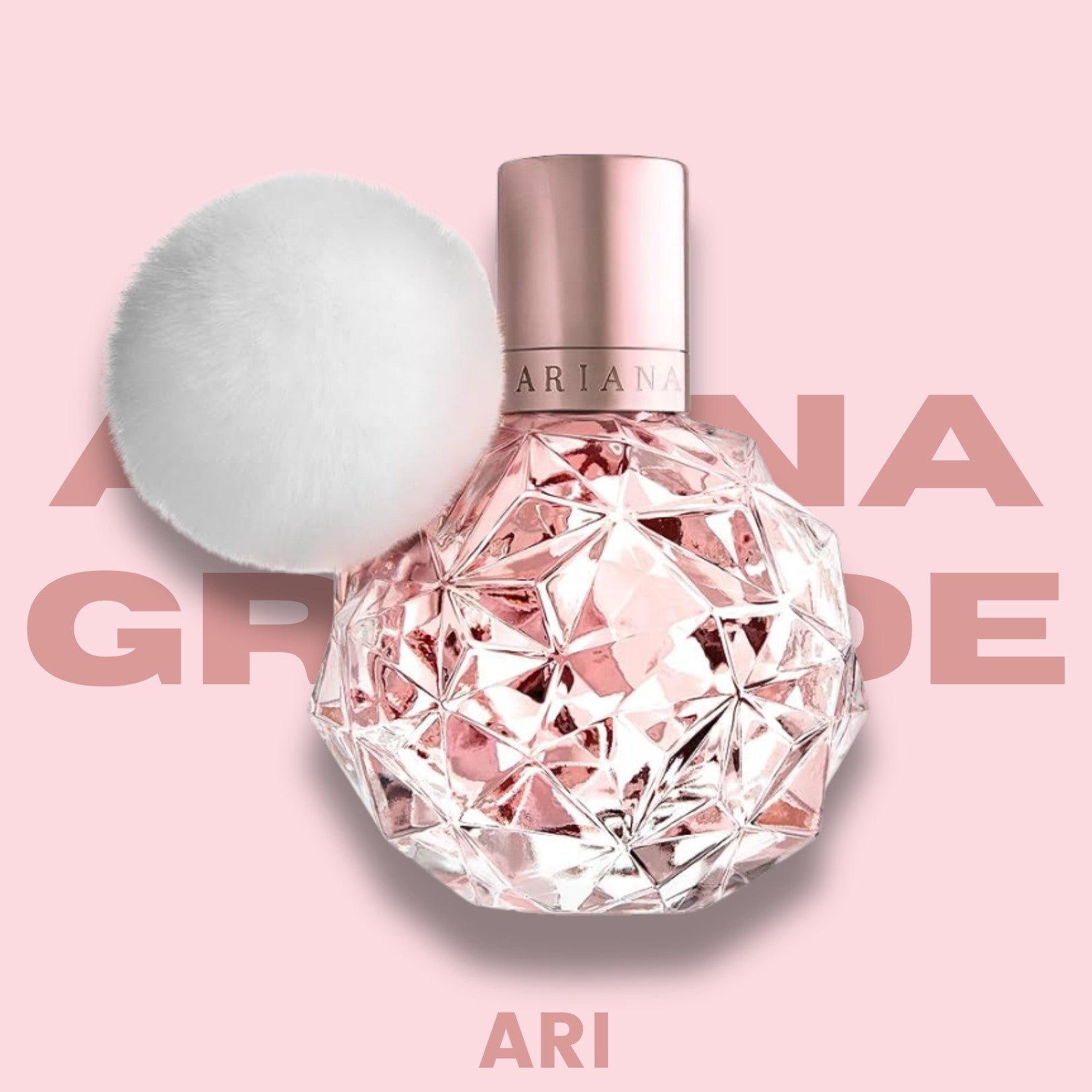 Ari Eau de Parfum by Ariana Grande perfume bottle, front view in a pink background