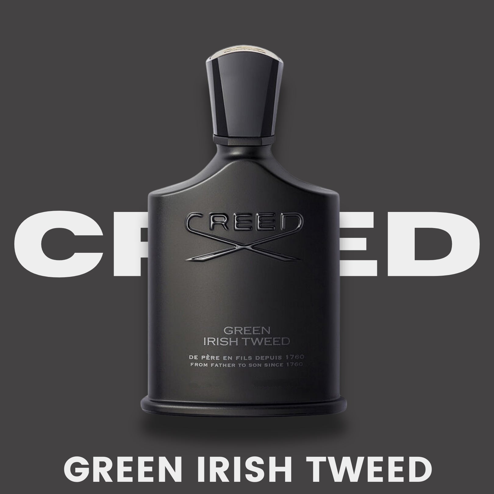 Creed Green Irish Tweed cologne bottle, front view on grey / gray background