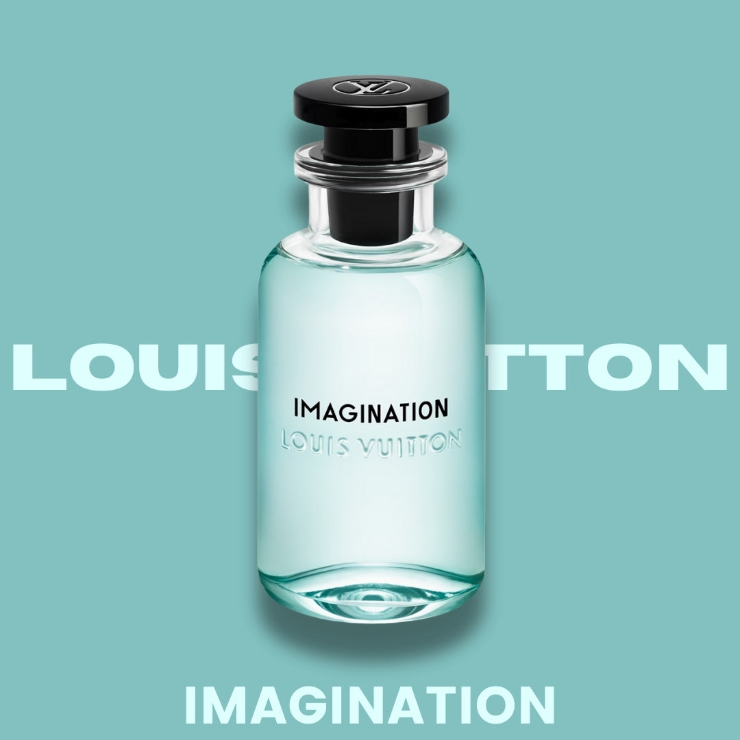 Front view of Imagination by Louis Vuitton perfume cologne bottle on blue background