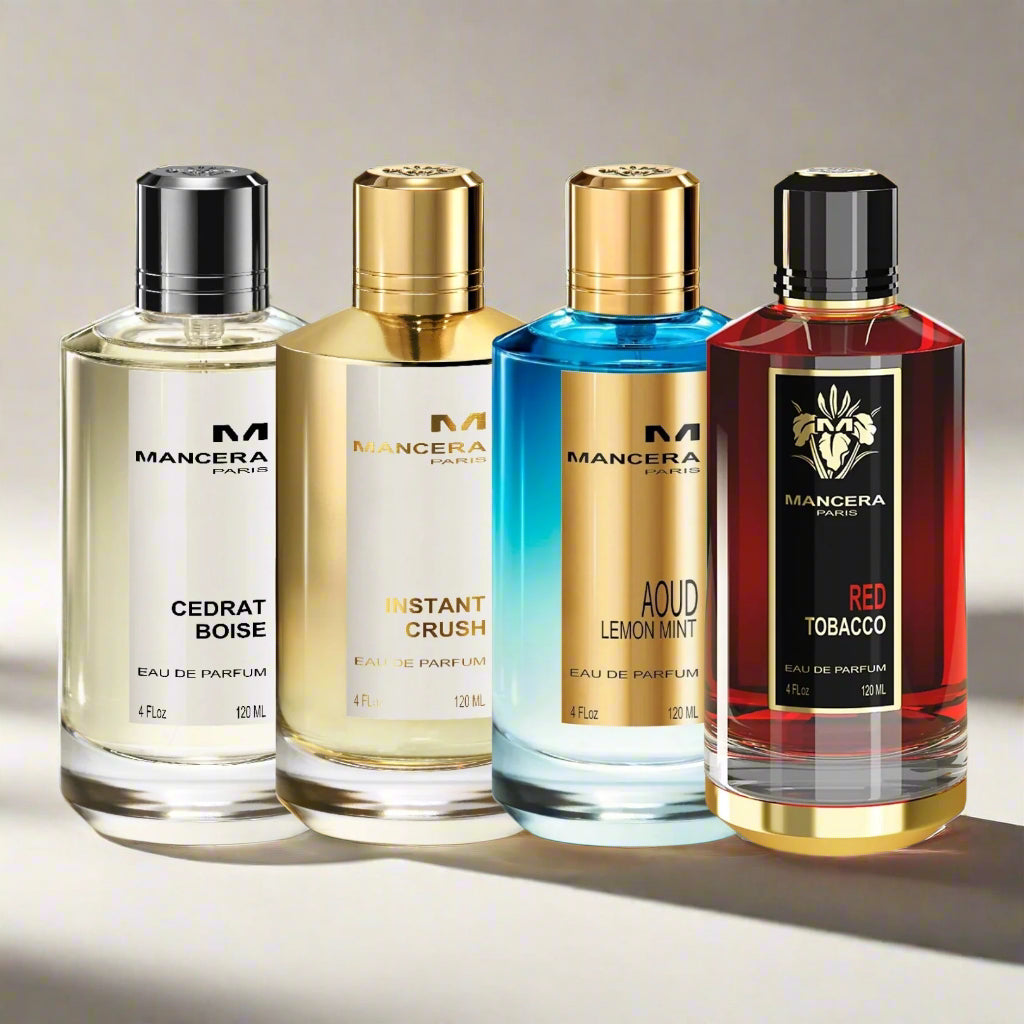Four Mancera perfume bottles on a beige background