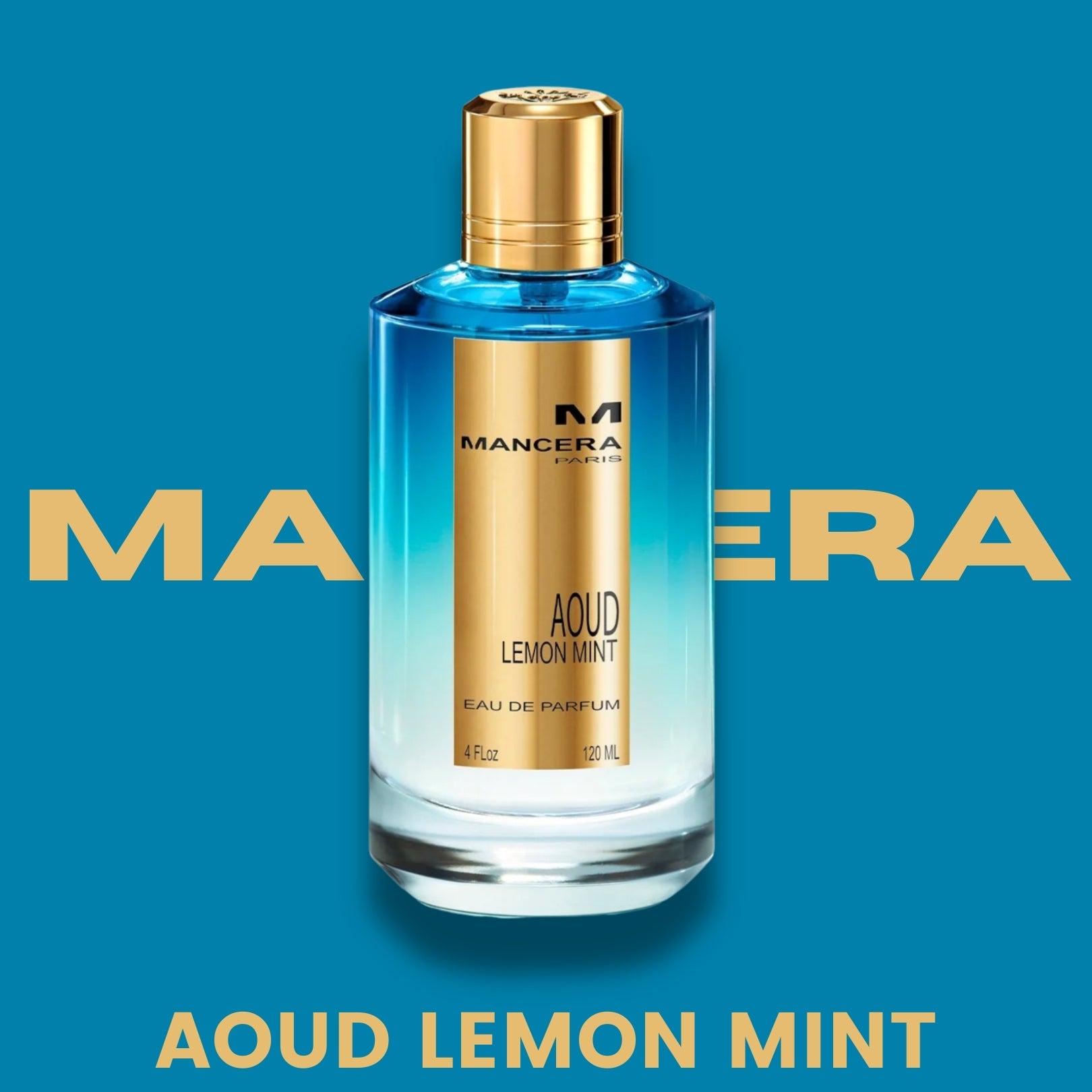 Mancera Aoud Lemon Mint perfume bottle on a blue background