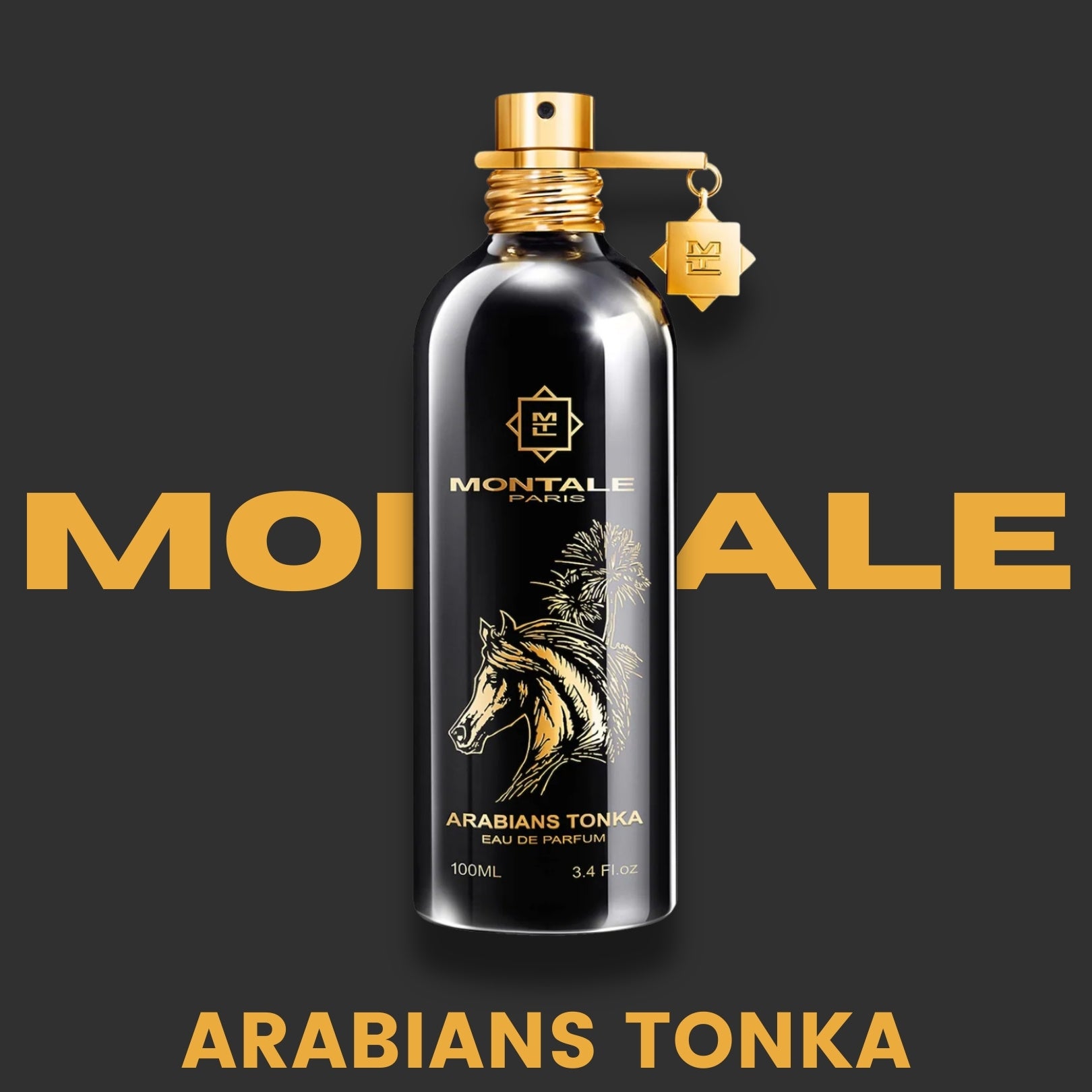 Montale Arabians Tonka perfume bottle on a black background with brand name in gold.