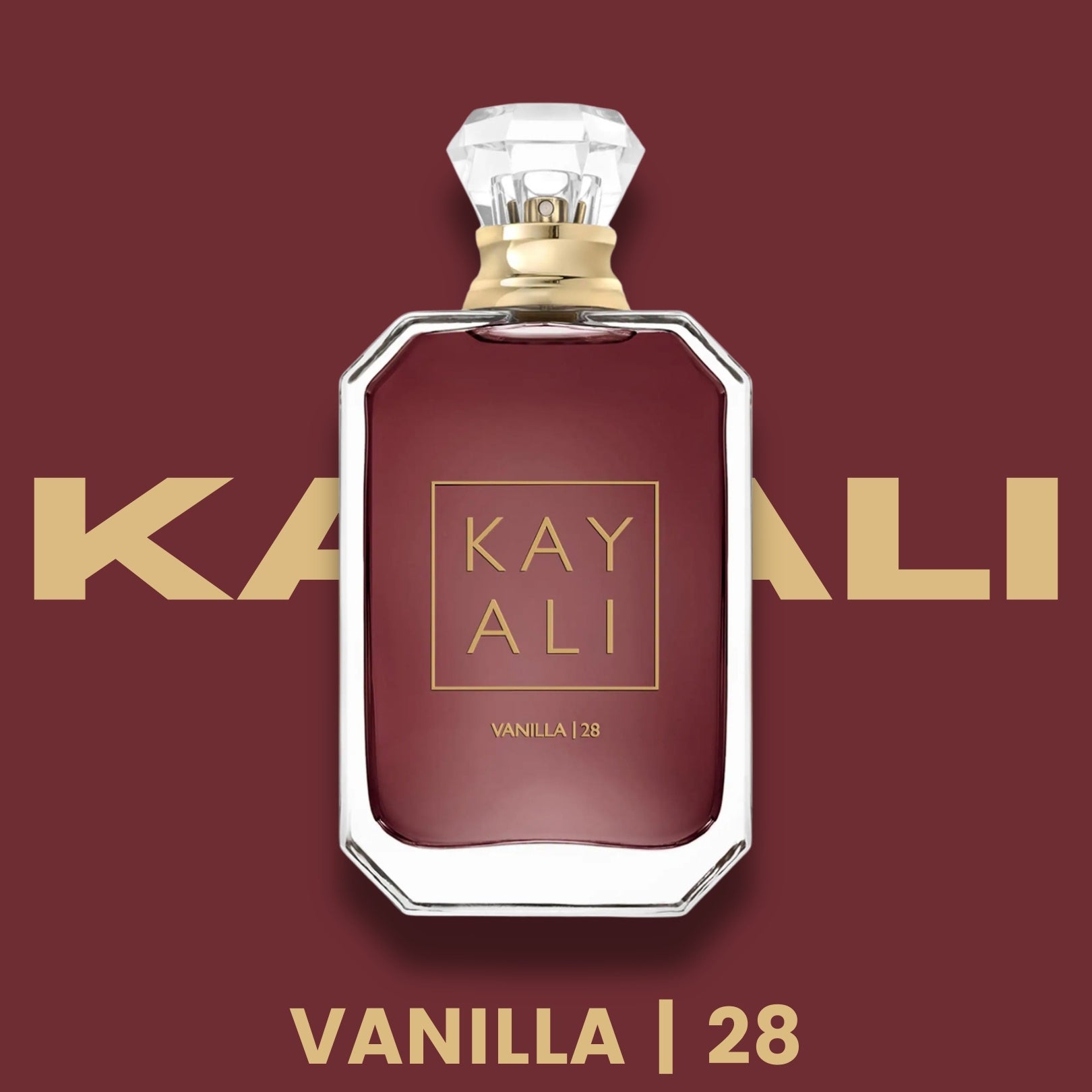 Kayali Vanilla 28 Eau de Parfum perfume bottle, front view on maroon background