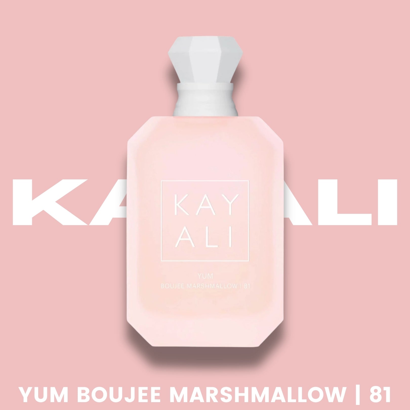 Kayali Yum Boujee Marshmallow 81 perfume bottle, front view on pink background
