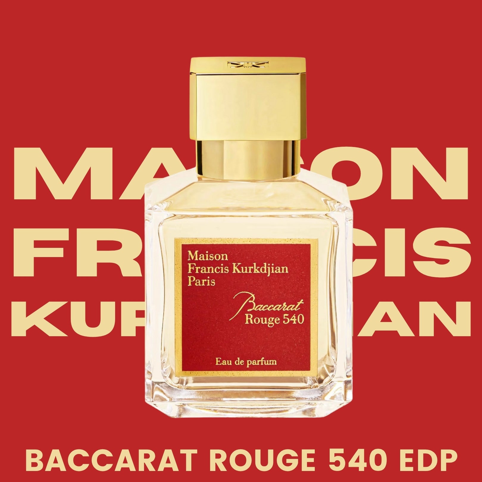 Front view of Maison Francis Kurkdjian Baccarat Rouge 540 Eau de Parfum perfume bottle in a red background