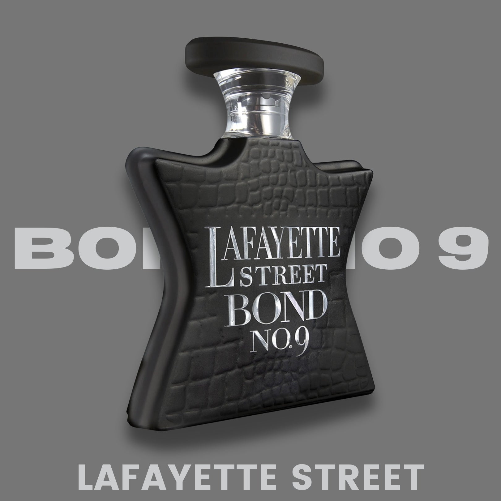 Bond No. 9 Lafayette Street perfume cologne bottle, front angled view on grey background