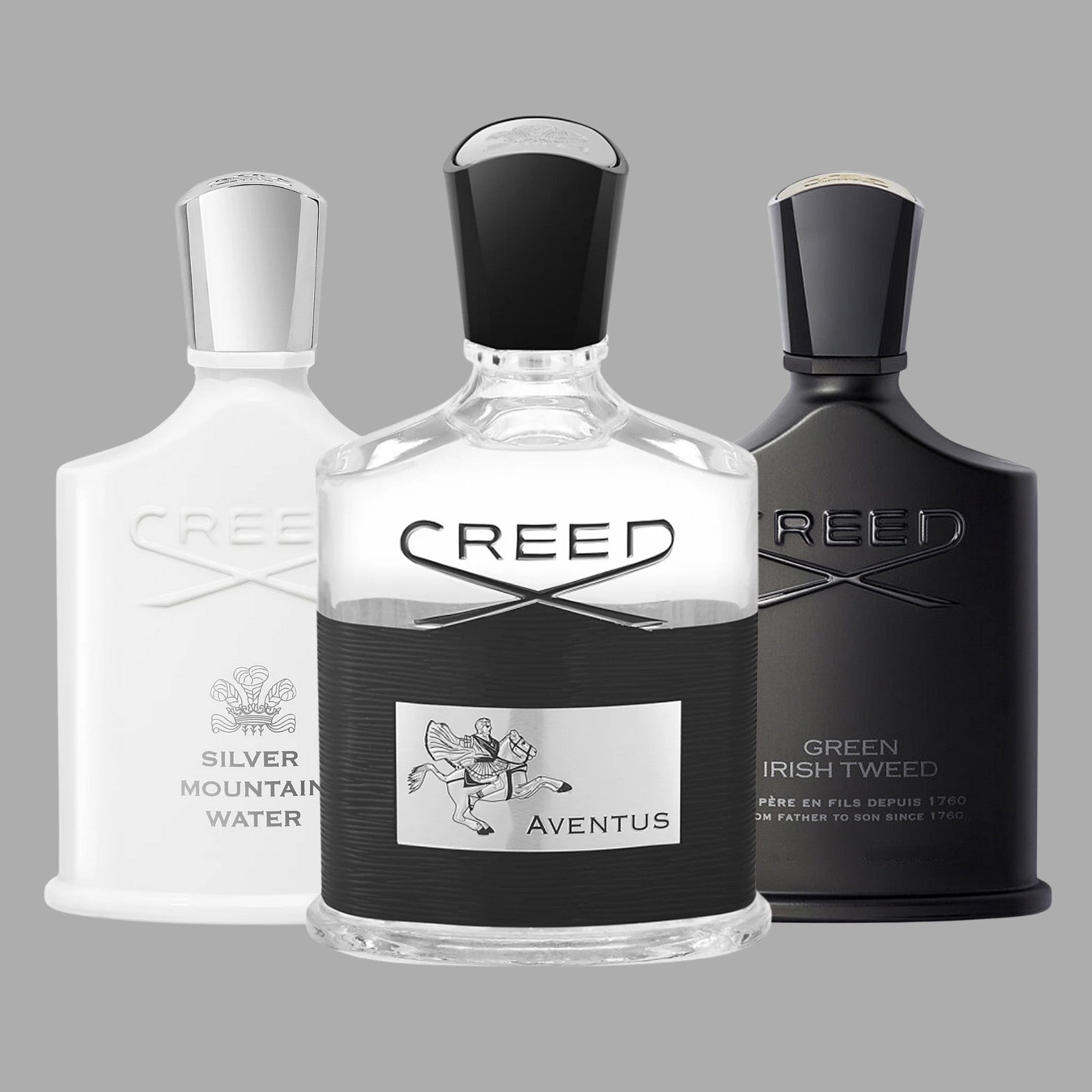 Set of Creed Silver Mountain Water, Creed Aventus Eau de Parfum, and Creed Green Irish Tweed for Mens - Front Display