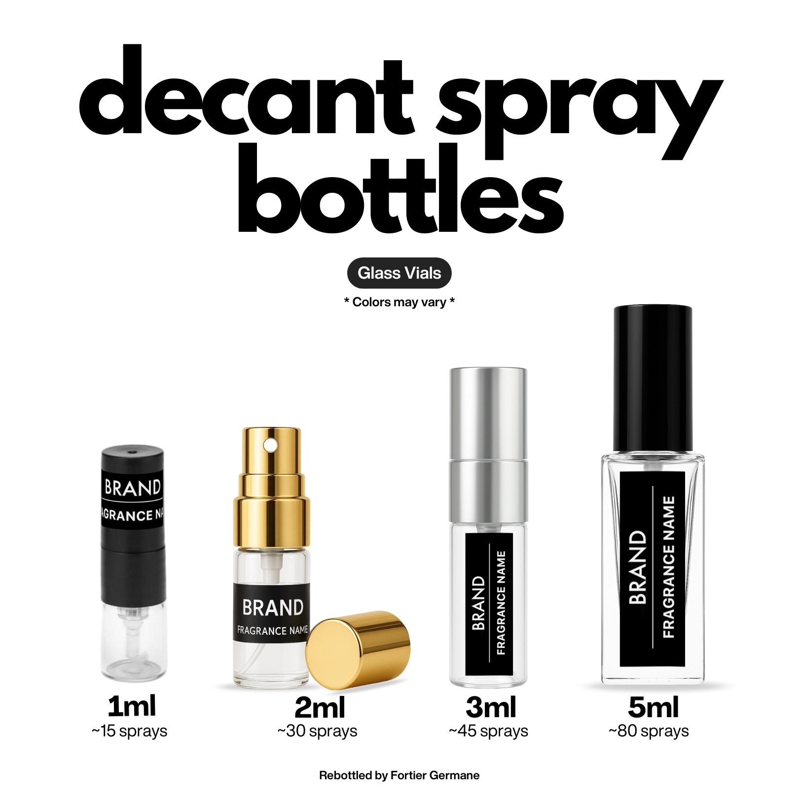 Decant Spray Bottles in 1ml, 2ml, 3ml, and 5ml sizes, front view in white background