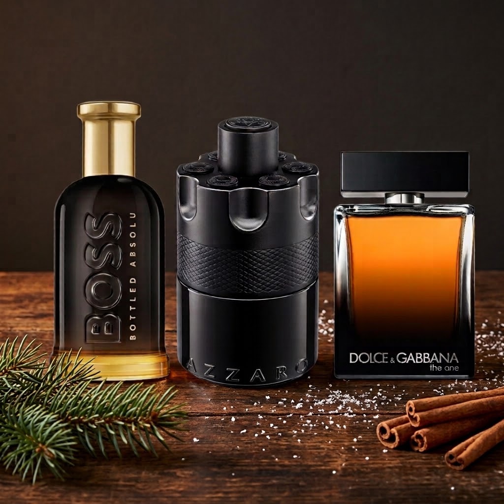 Three men's fragrance bottles arranged on a wooden surface: a black Hugo Boss Bottled Angelou bottle with a gold cap, a black Zazzarri cylindrical bottle in the center, and a Dolce & Gabbana The One amber bottle with a black cap. Pine branches, salt, and cinnamon sticks decorate the scene against a dark brown background.