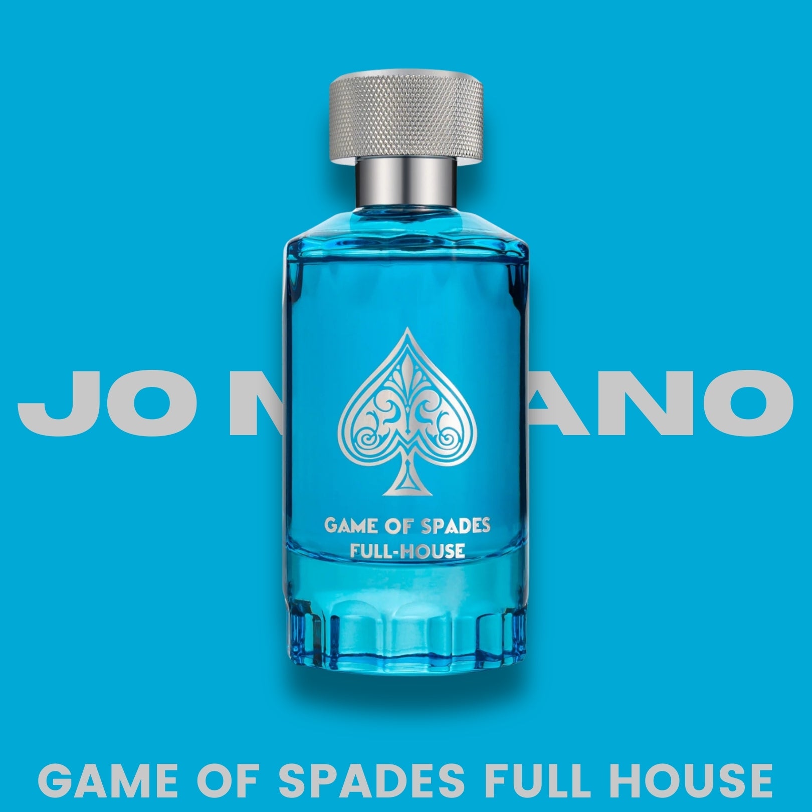 Blue perfume bottle with silver cap on a blue background, featuring 'Jo Malone Game of Spades Full House' text.