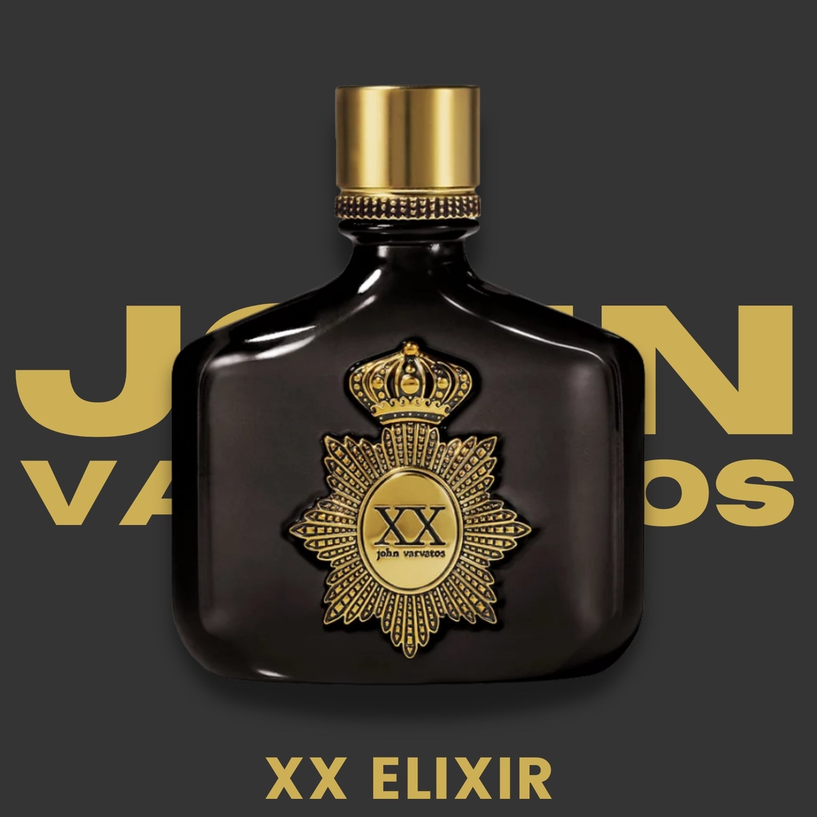 Black perfume bottle with gold accents and 'XX Elixir' branding on a dark background