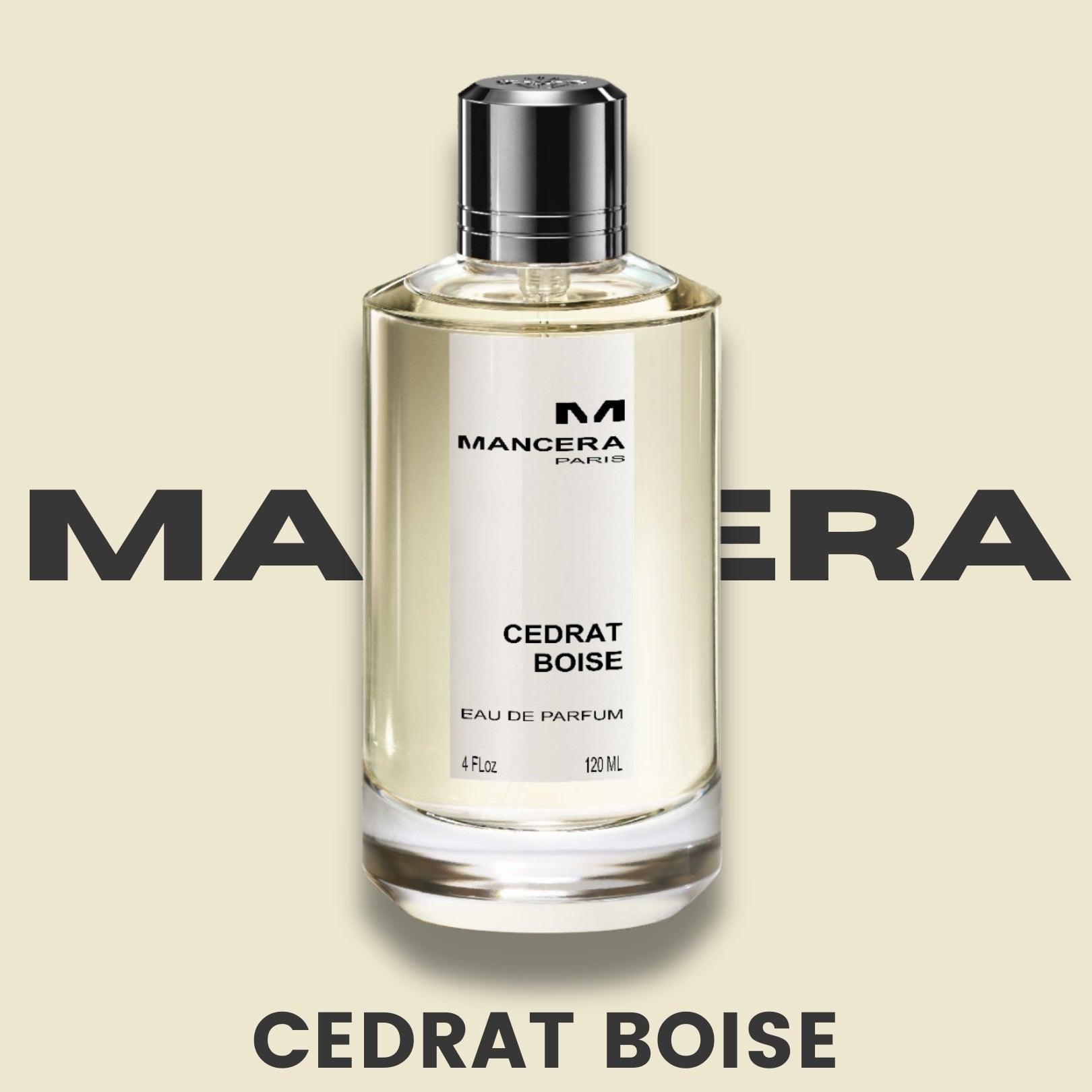 Mancera Cedrat Boise perfume bottle on a beige background