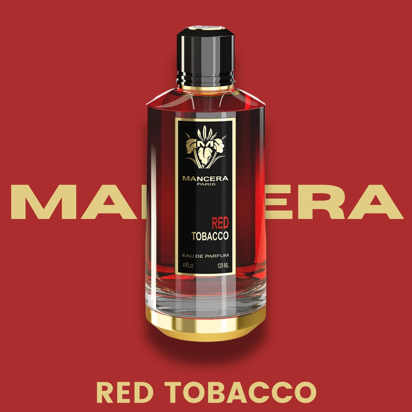 Mancera Red Tobacco perfume bottle on a red background