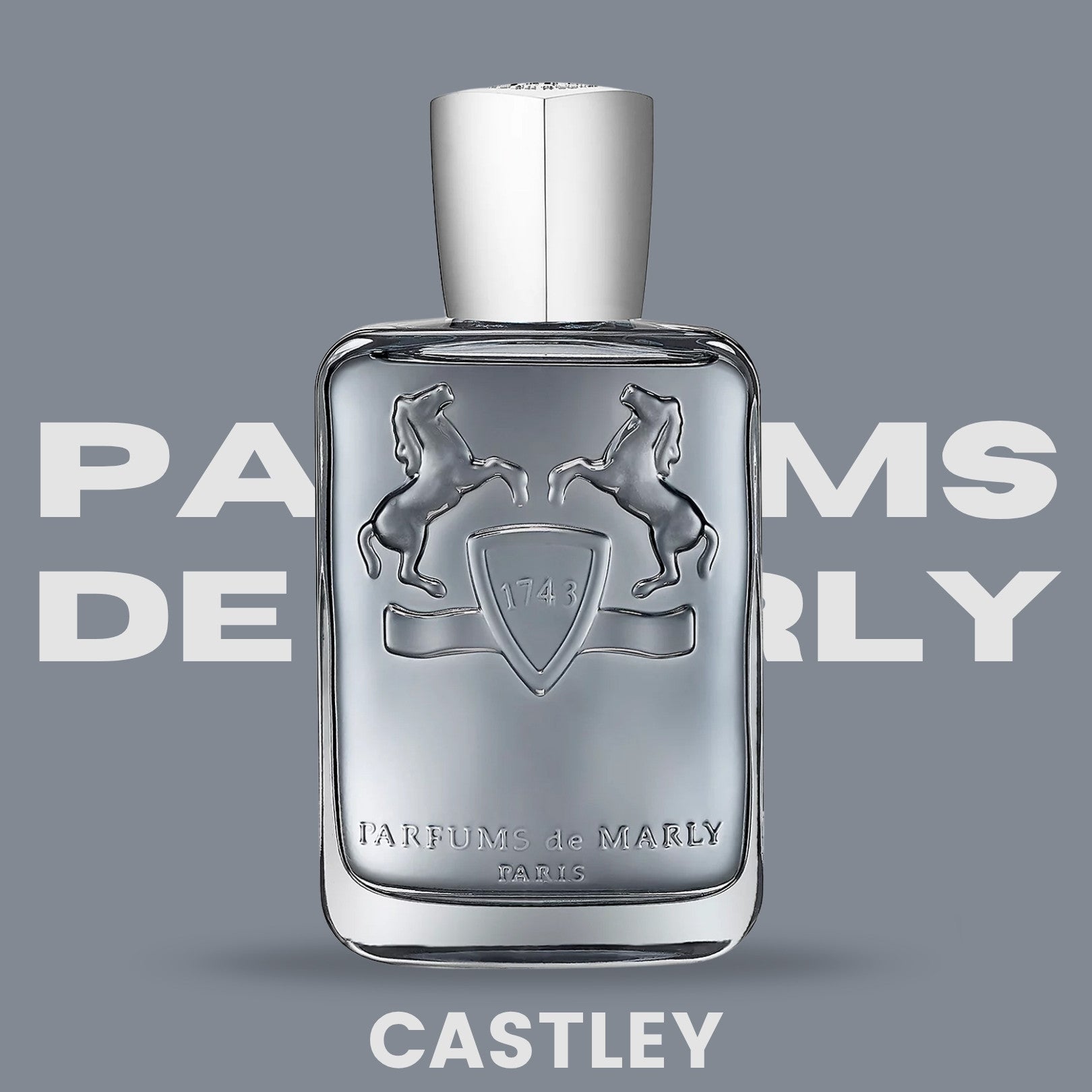 Parfums de Marly Castley Eau de Parfum bottle, front view in grey background