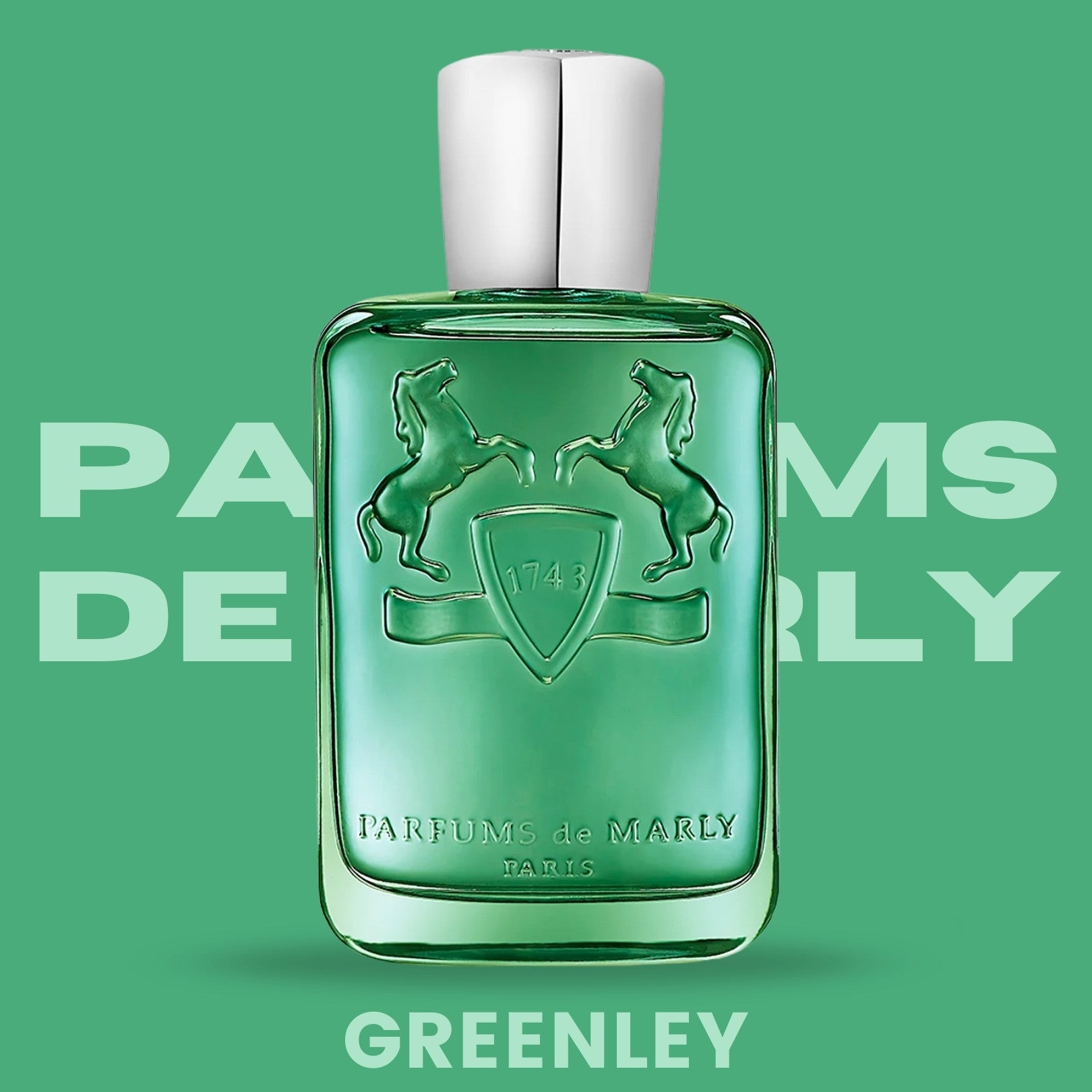 Parfums de Marly Greenley cologne perfume bottle, front view on green background