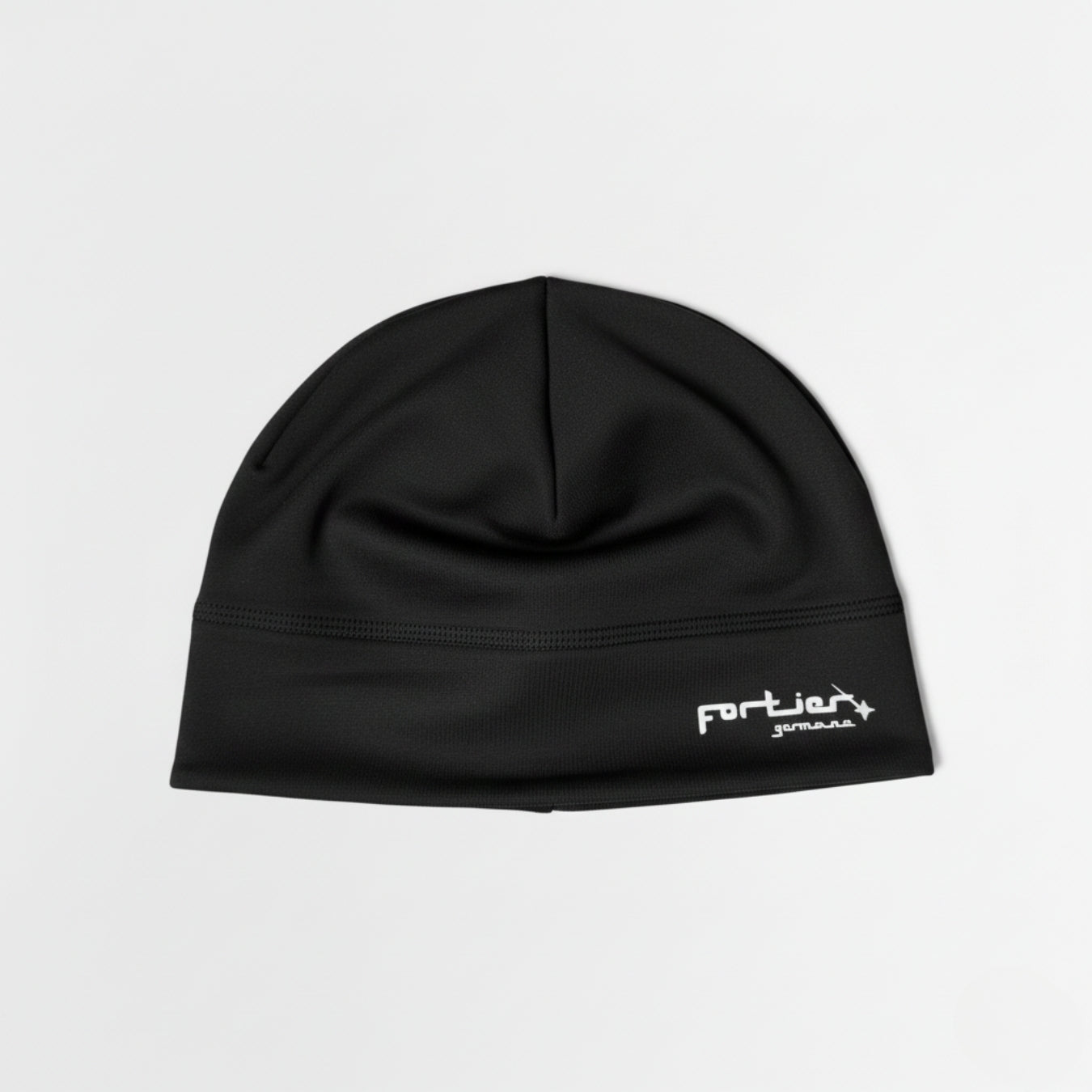 Black beanie with a brand logo on a light gray background