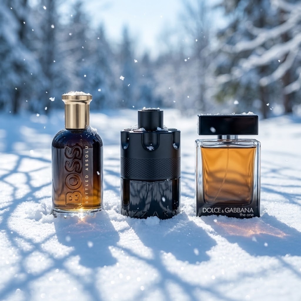 Three perfume bottles are arranged in the snow outdoors, with blurred snowy trees in the background. The bottles are Boss Red Label, a matte black cylindrical bottle, and Dolce & Gabbana Acqua di Gio.